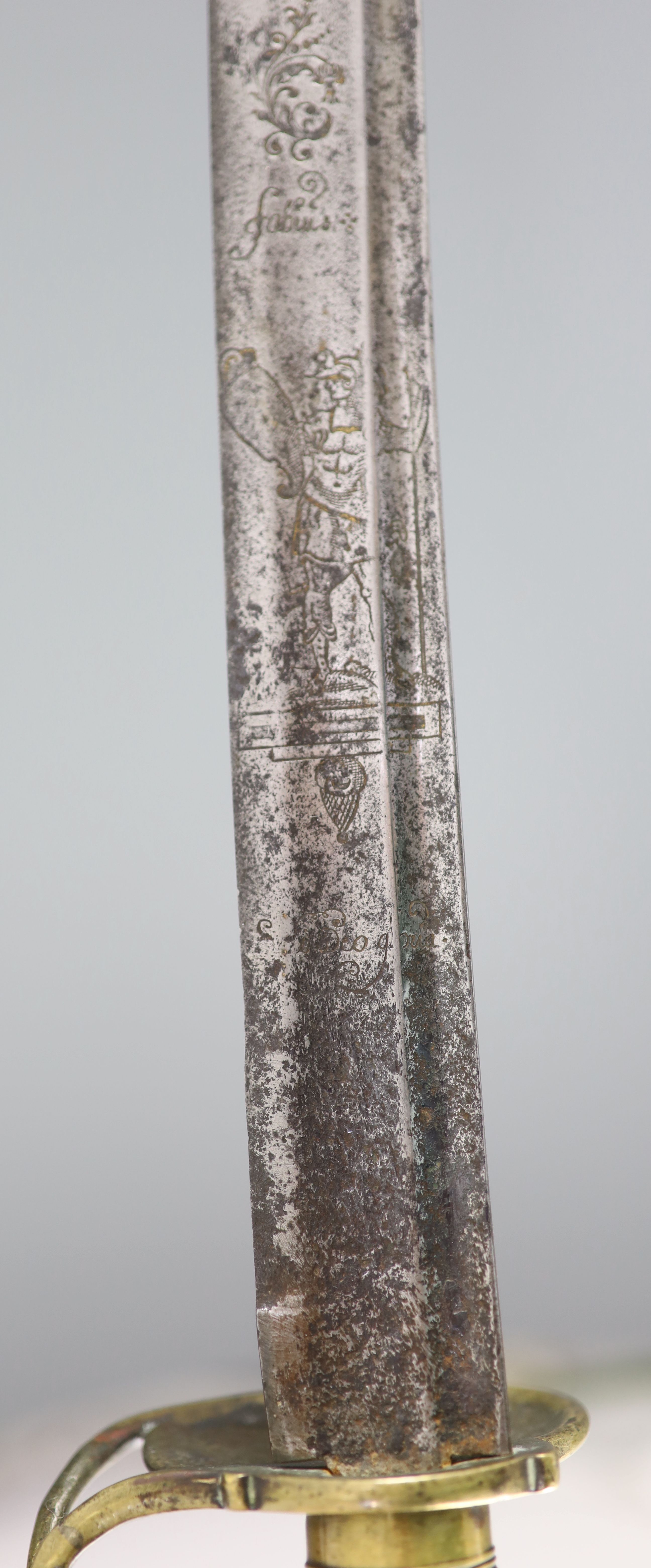 A late 17th century military hangar sword, length 34in.